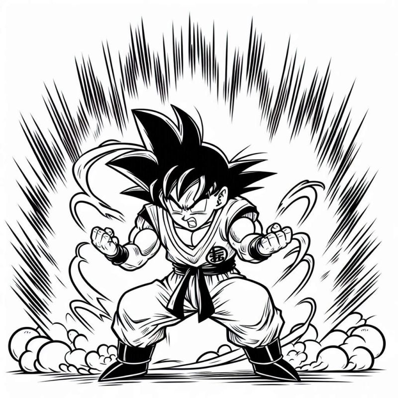 Desenho de Goku de Dragon Ball em pose de batalha, rodeado por energia poderosa.