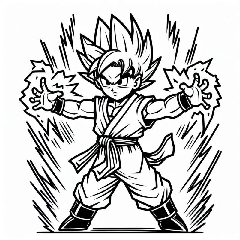 Desenho de Goku Super Saiyajin em uma pose dinâmica para colorir