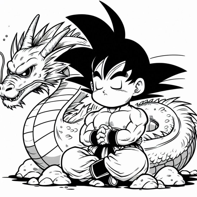 Desenho de Goku meditando em pose chibi com um dragão serpentino atrás, pronto para colorir.