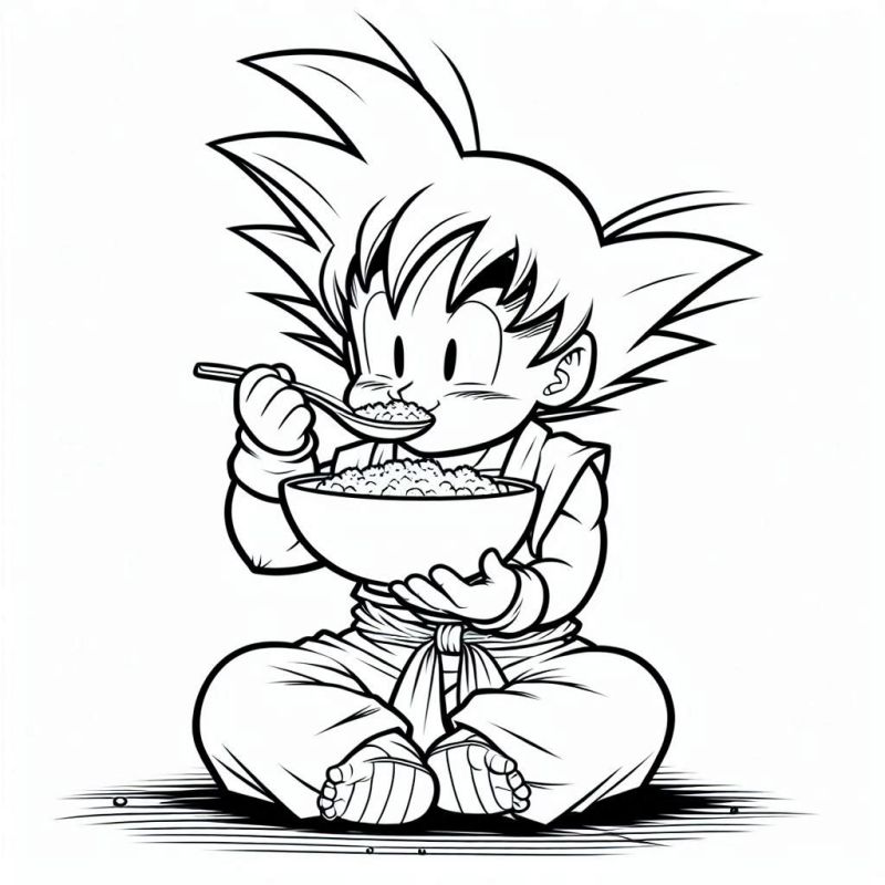 Goku do Dragon Ball sentado com uma tigela pronto para colorir