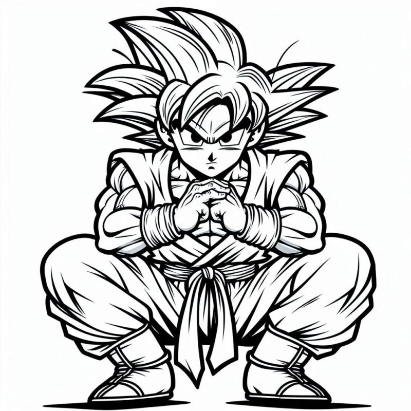 Desenho do Goku em pose de ação para colorir do Dragon Ball