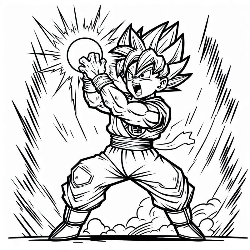 Desenho de Goku em pose de ação realizando Kamehameha para colorir