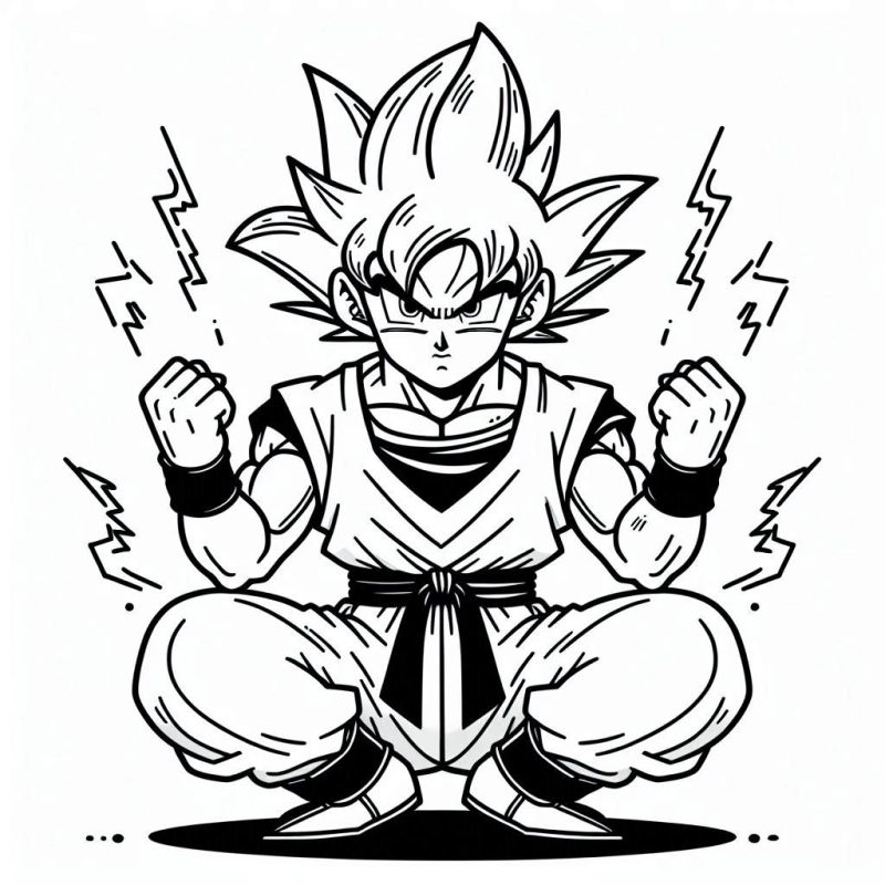 Desenho de Goku em pose de meditação com aura de energia do Dragon Ball para colorir.