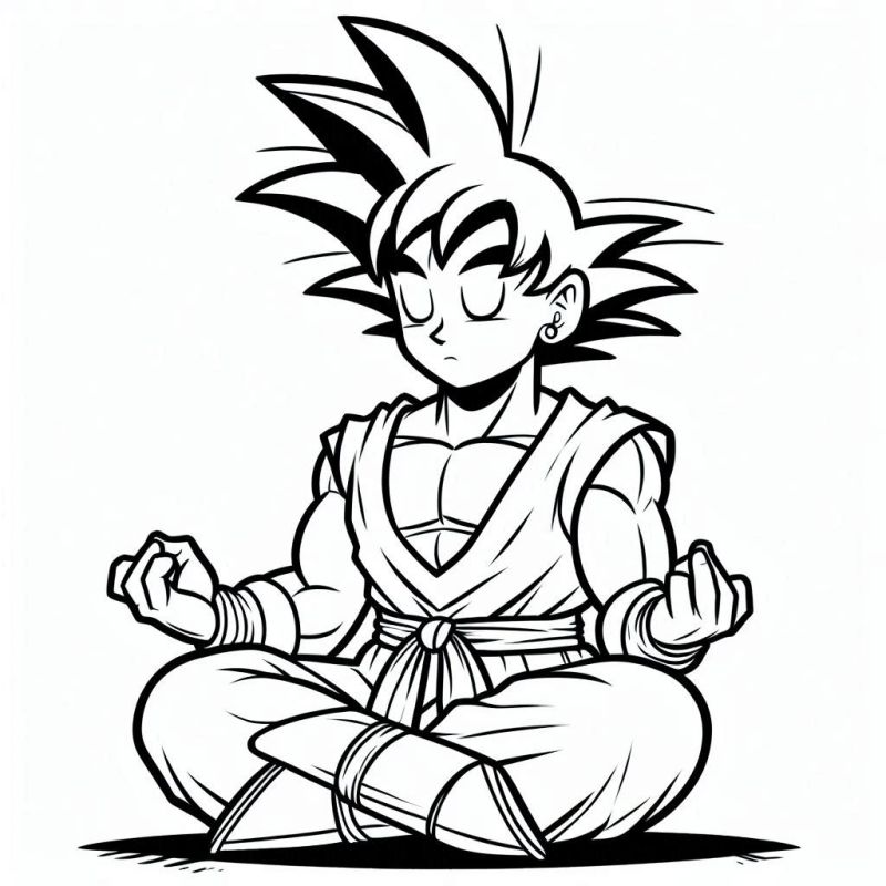 Goku em meditação, estilo anime, para colorir do Dragon Ball.