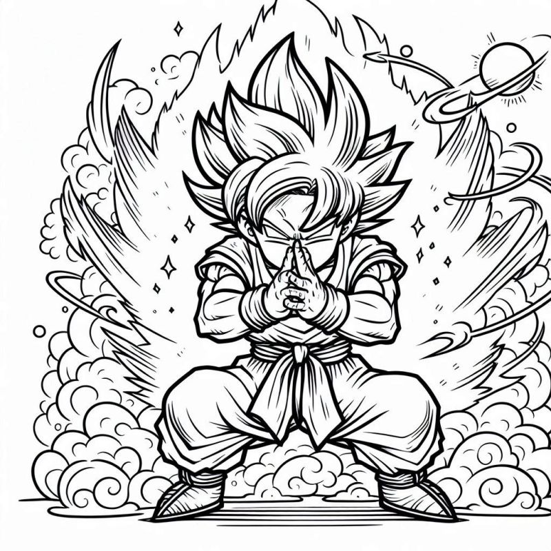 Desenho de Goku em pose poderosa para colorir