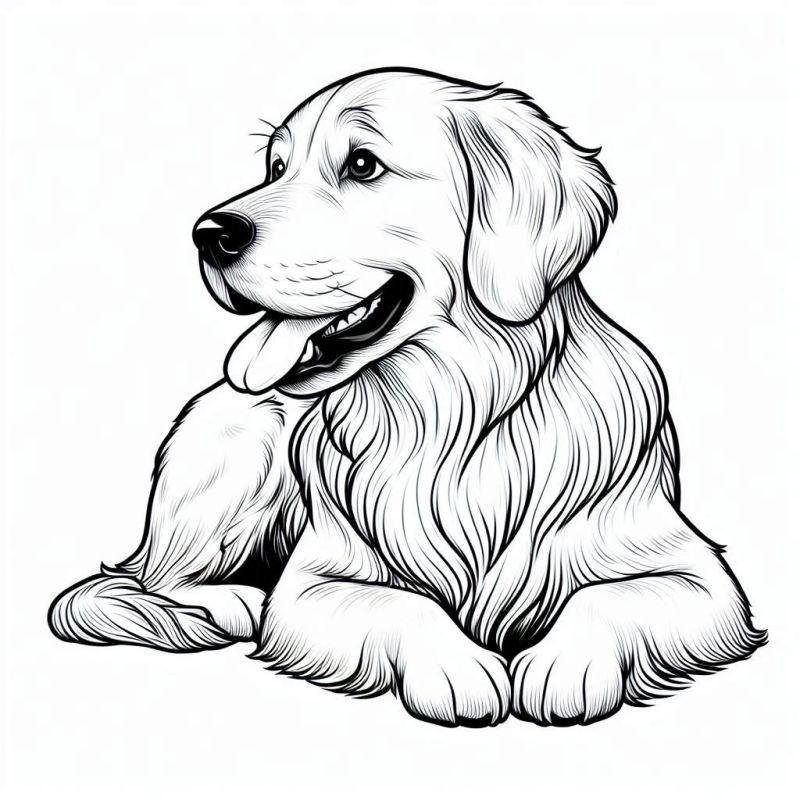 Desenho em preto e branco de um Golden Retriever relaxado para colorir