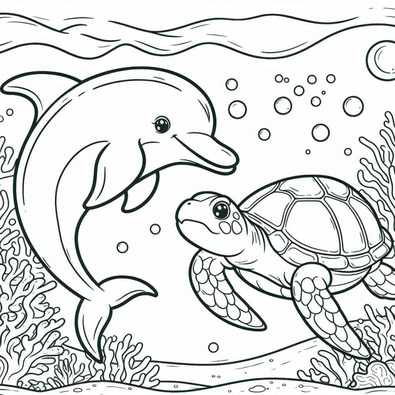 Desenho para Colorir: Cenário Subaquático com Golfinho e Tartaruga