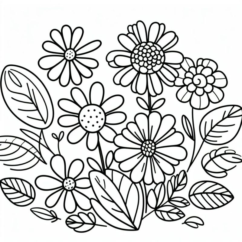 Desenho em preto e branco de flores e folhas para colorir