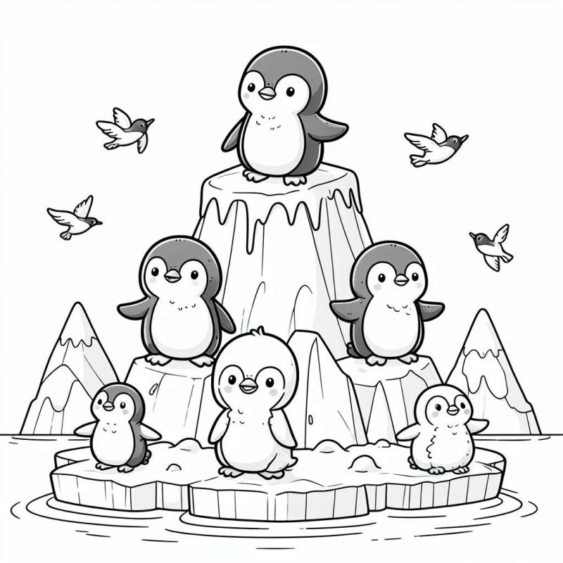 Desenho de Grupo de Pinguins em Cenário Gelado para Colorir