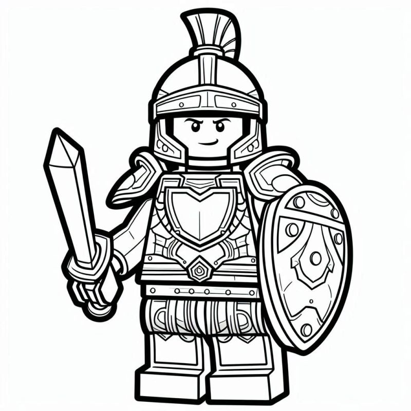 Desenho de Guerreiro Medieval de Lego com Armadura Detalhada e Espada