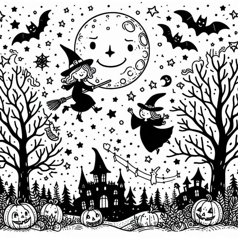 Desenho de Halloween com bruxas em vassouras, castelo assombrado e abóboras para colorir