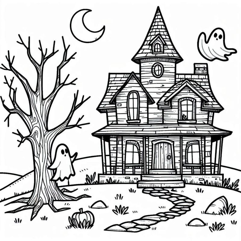 Desenho de casa mal-assombrada detalhada para colorir, ideal para Halloween