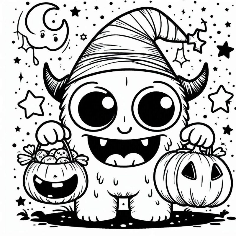 Desenho de Criatura Chibi Celebrando Halloween para Colorir