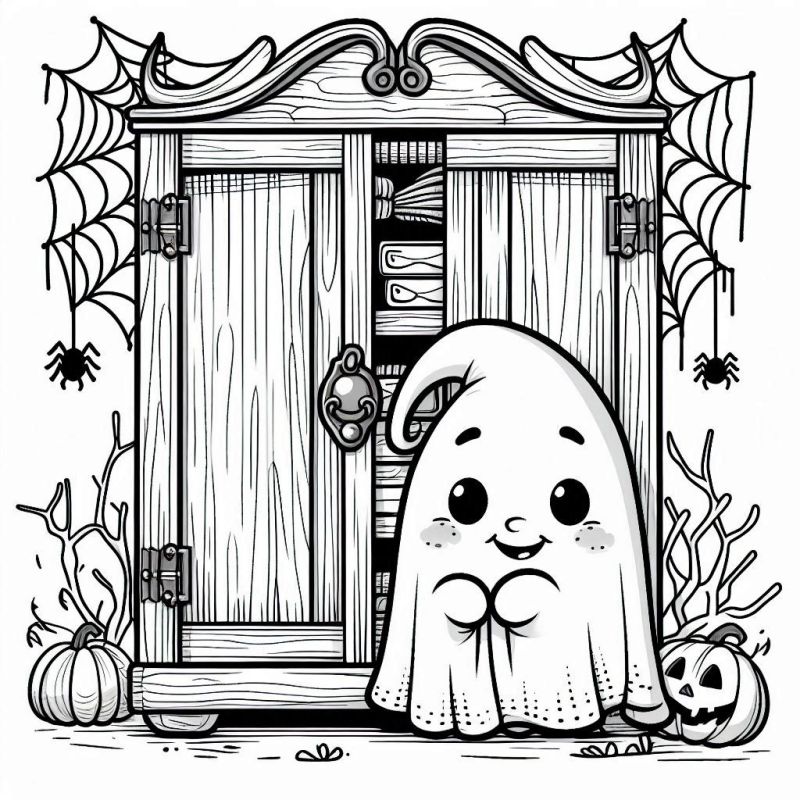 Desenho de Fantasma Amigável com Armário para Colorir - Halloween