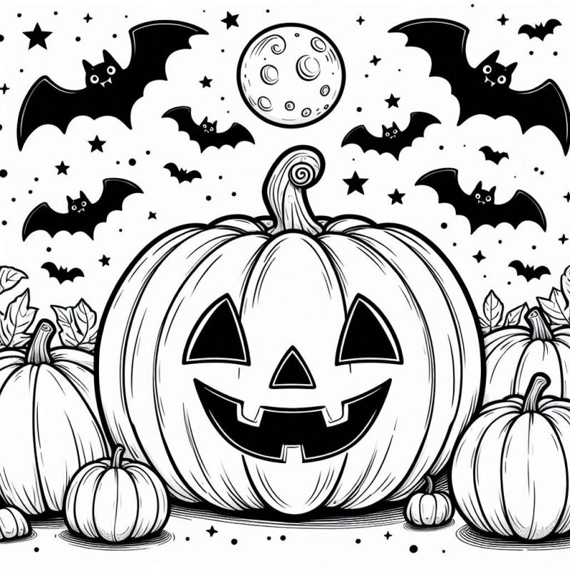 Desenho para colorir de Halloween com abóboras e morcegos voando ao redor de uma lua cheia