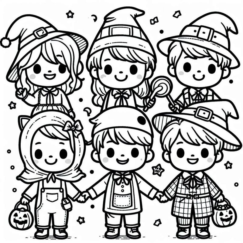 Seis crianças fofas fantasiadas para Halloween em estilo chibi para colorir