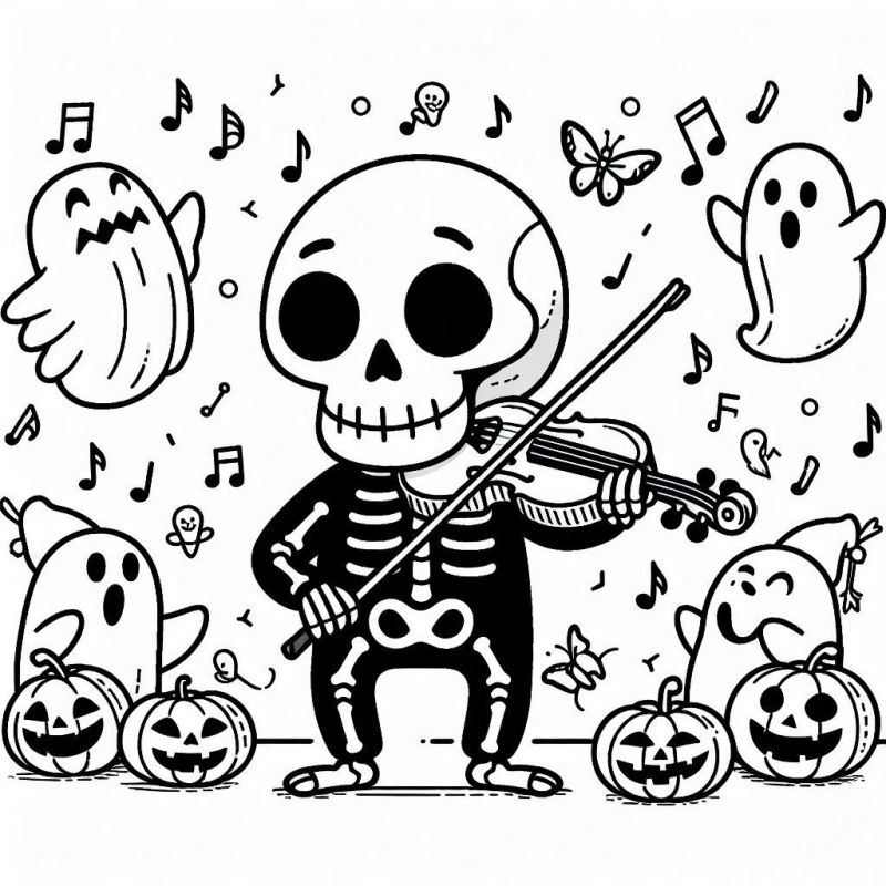 Desenho de esqueleto feliz tocando violino rodeado por fantasmas e abóboras para colorir