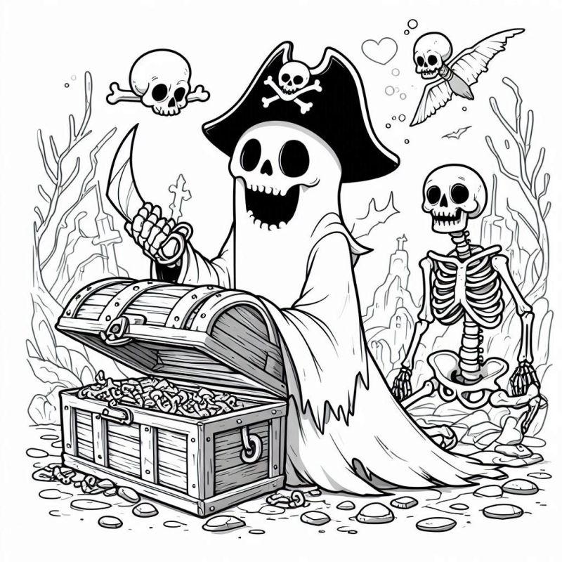 Fantasma Pirata no Cemitério - Desenho de Halloween para Colorir