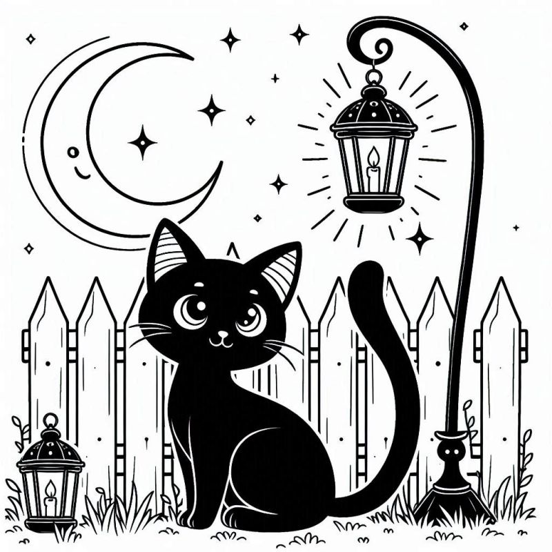 Desenho de Gato Preto na Noite de Halloween