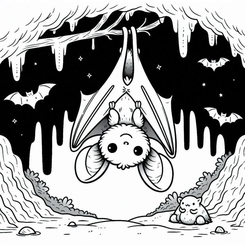 Desenho de Morcego fofo na caverna para colorir