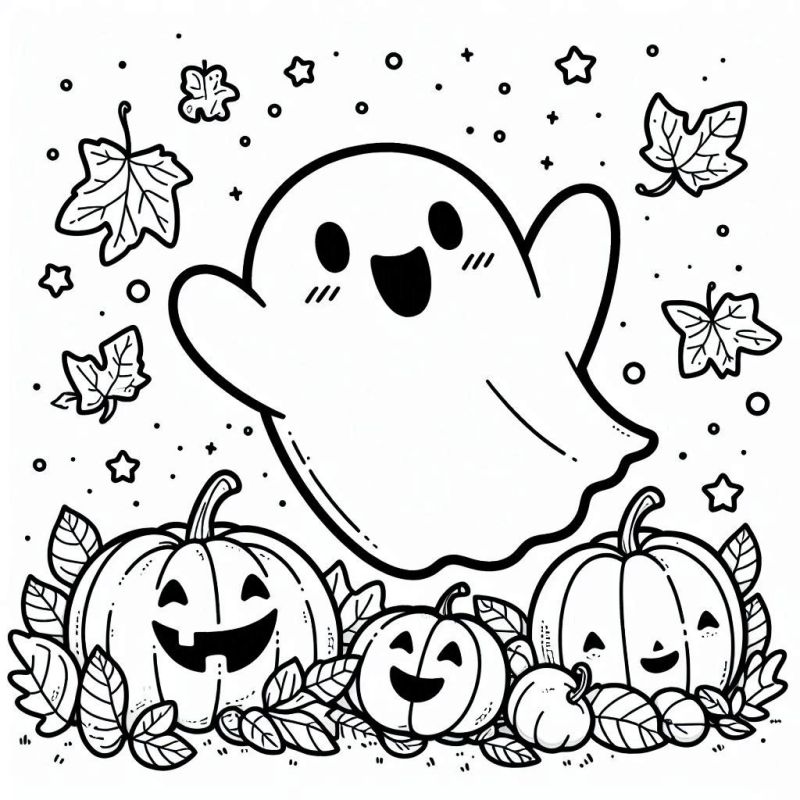 Desenho Alegre de Fantasma com Abóboras para Colorir no Halloween