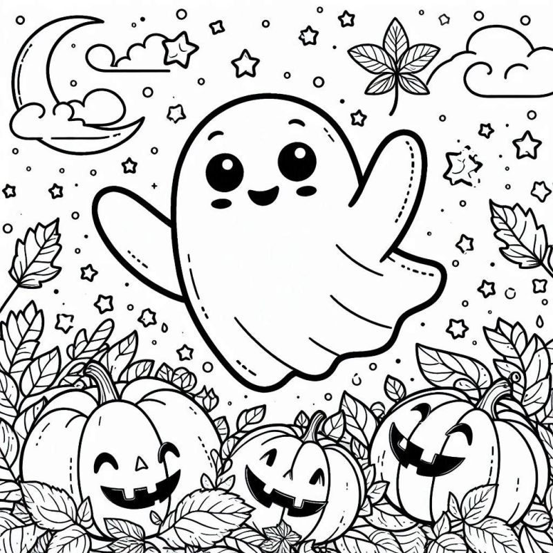 Desenho de fantasma alegre com abóboras de Halloween para colorir