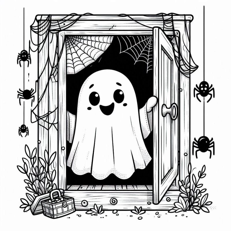 Desenho de um fantasma amigável para colorir em um cenário de Halloween