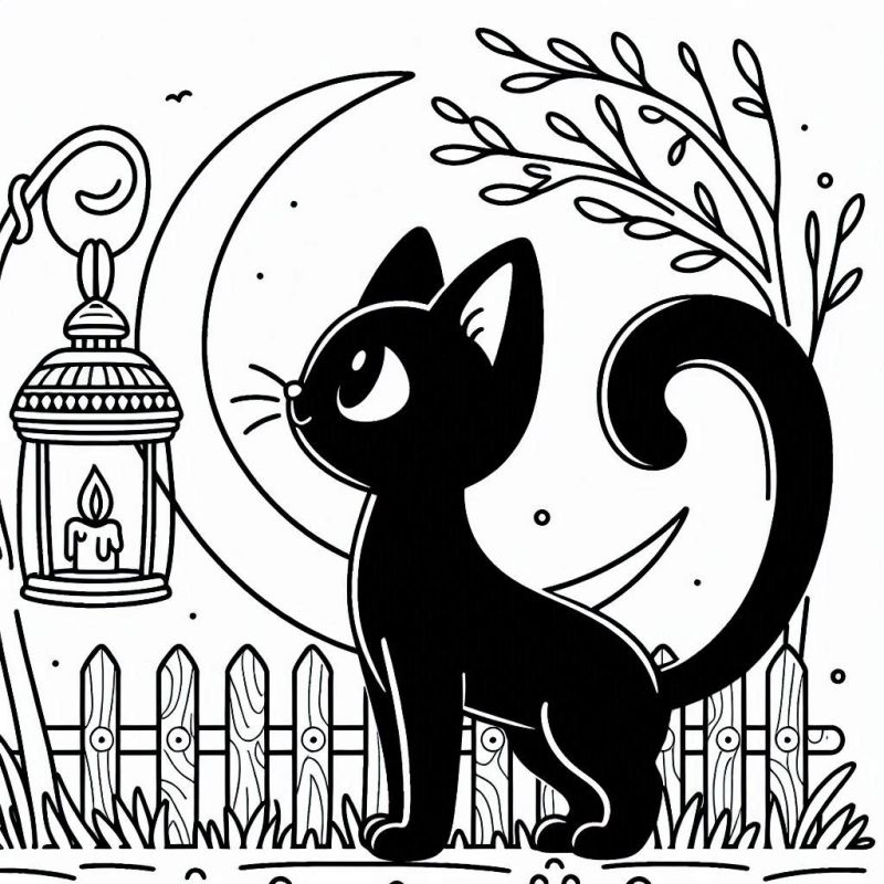 Desenho de gato preto com lanterna em cenário de Halloween para colorir