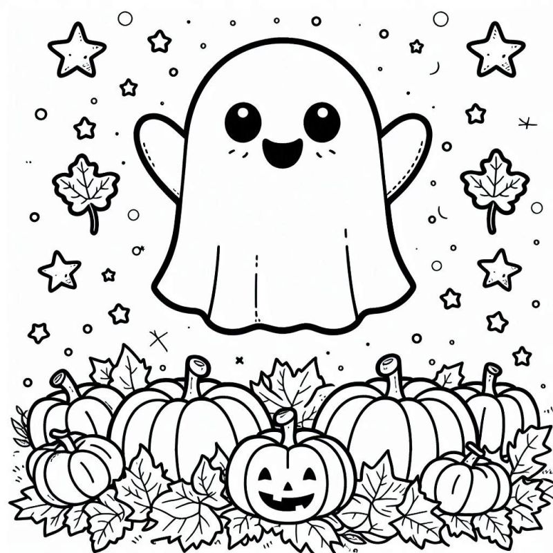 Desenho de Halloween com fantasma feliz e abóboras para colorir