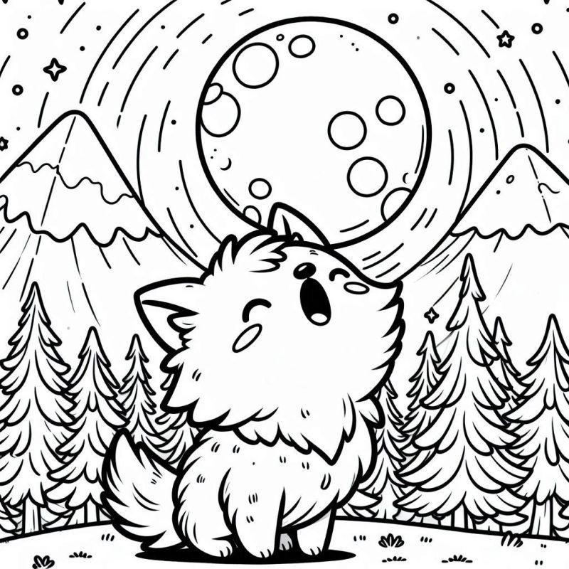 Desenho de lobo uivando na lua cheia com floresta ao fundo para colorir no Halloween