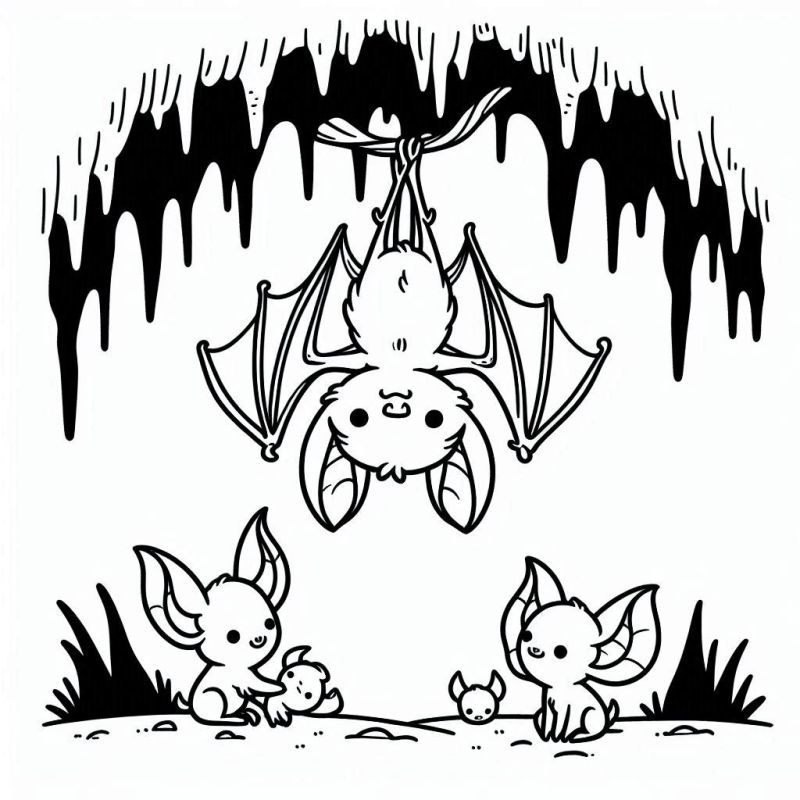 Desenho para colorir de morcegos fofos numa caverna de Halloween