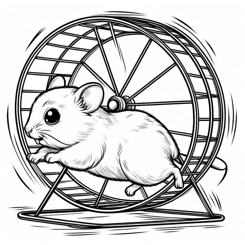 Desenho de Hamster Fofinho na Roda de Exercícios para Colorir