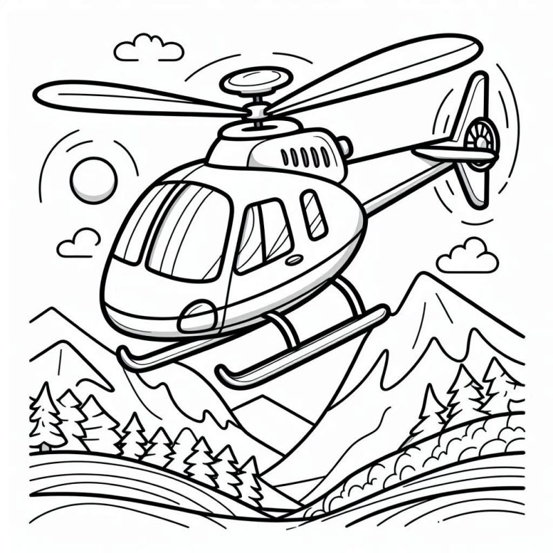 Desenho de helicóptero voando com montanhas ao fundo para colorir