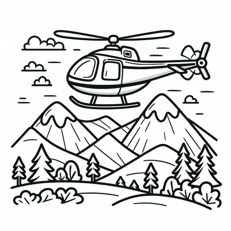 Desenho de Helicóptero Voando Sobre Montanhas para Colorir