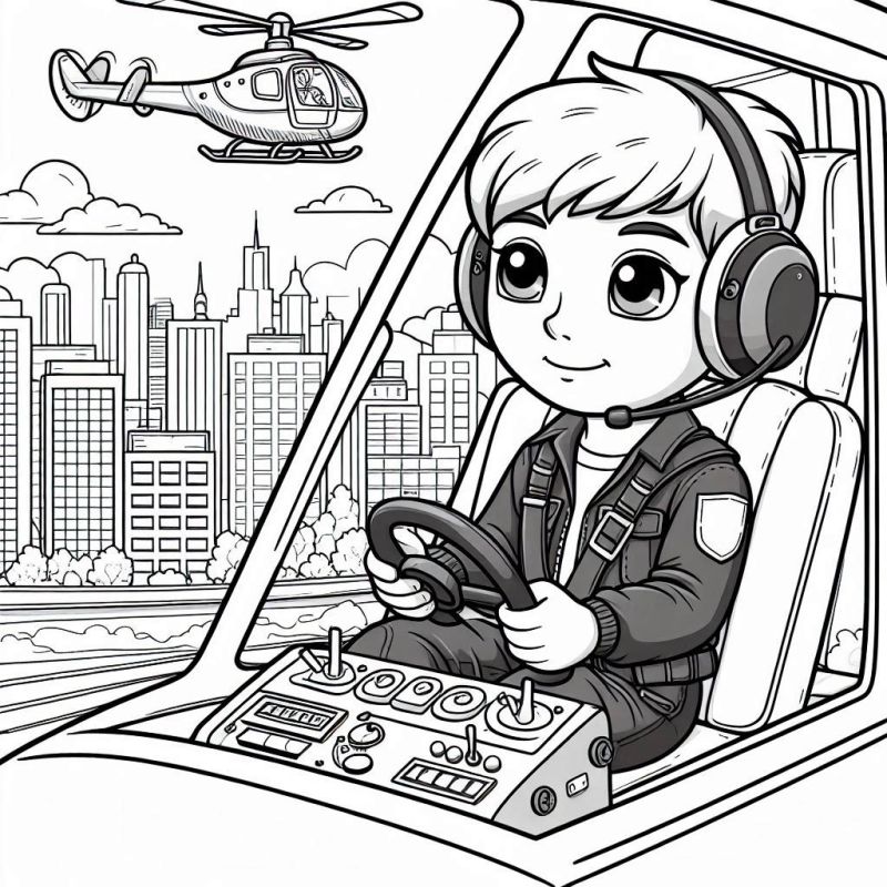 Desenho de piloto de helicóptero em cabine para colorir