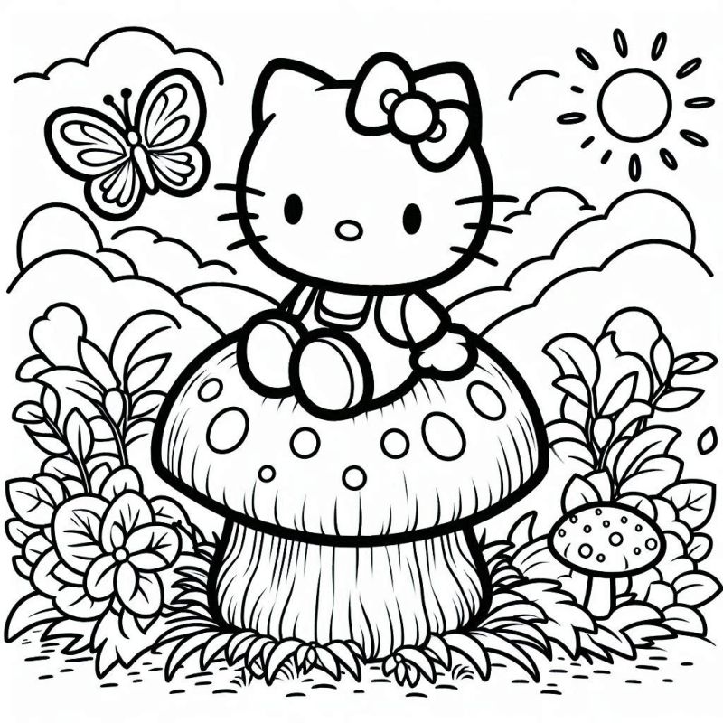 Desenho Mágico da Hello Kitty no Cogumelo para Colorir