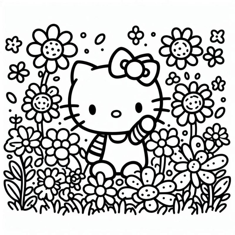 Hello Kitty em um Jardim Florido para Colorir