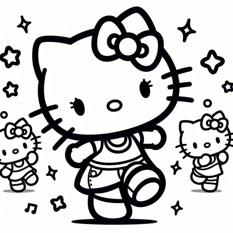 Desenho da Hello Kitty Dançando com Estrelas e Notas Musicais