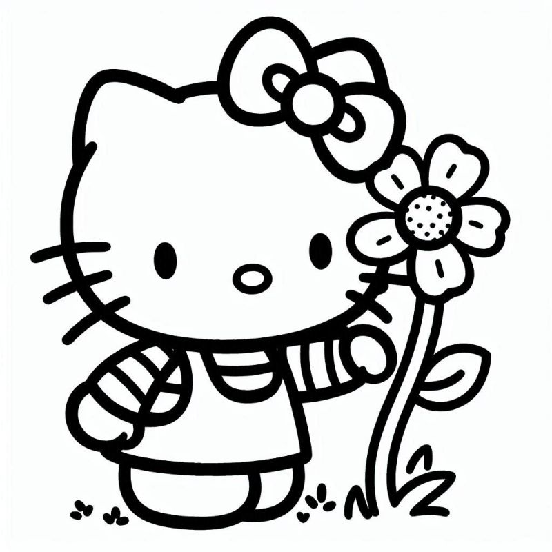 Desenho de Hello Kitty com Flor para Colorir