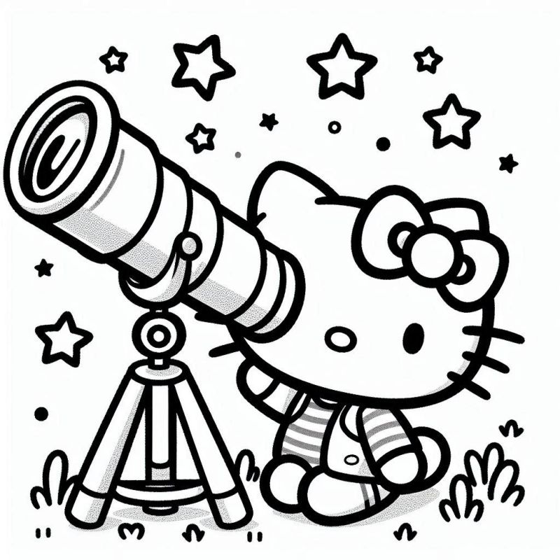 Colorir Hello Kitty Astrônoma com Telescópio