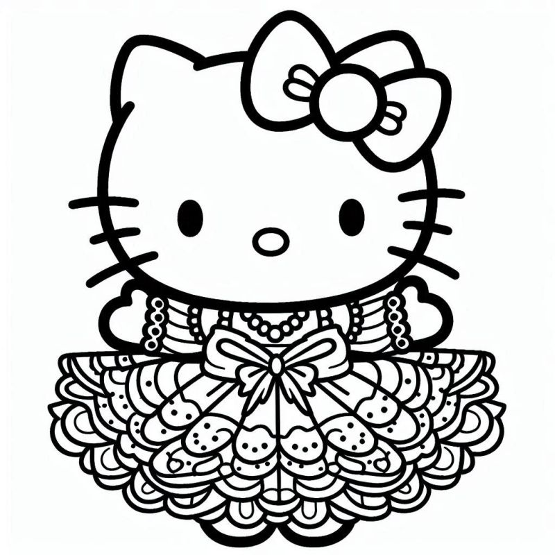 Desenho de Hello Kitty com Vestido Elegante para Colorir