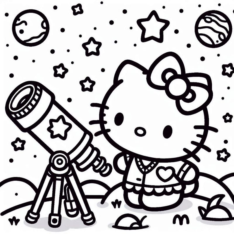 Desenho de Hello Kitty com Telescópio no Espaço para Colorir