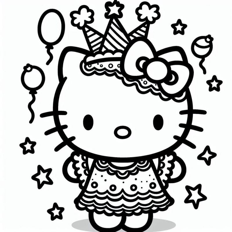 Desenho para Colorir: Hello Kitty com Chapéu de Festa