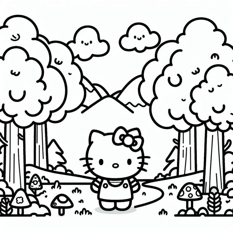 Divirta-se com Hello Kitty em um Cenário Natural para Colorir