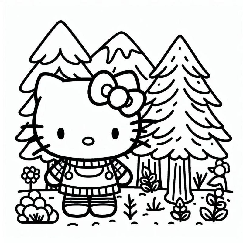 Desenho da Hello Kitty Explorando a Floresta