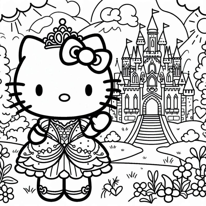 Colorir Hello Kitty Princesa no Castelo de Contos