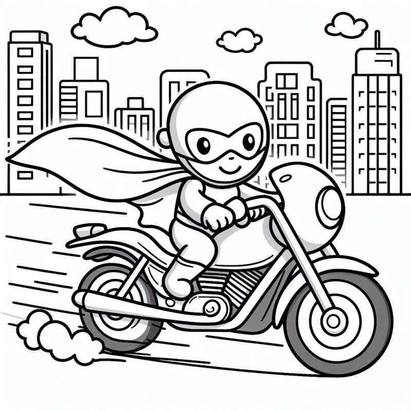 Desenho de herói em uma moto para colorir com cenário urbano