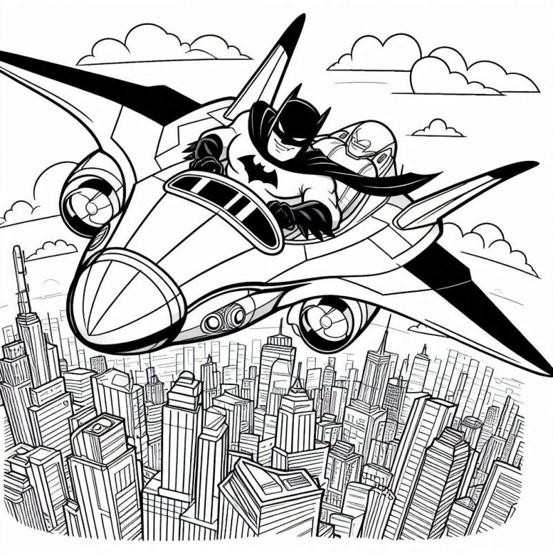 Batman pilotando uma aeronave sobrevoando Gotham City para colorir