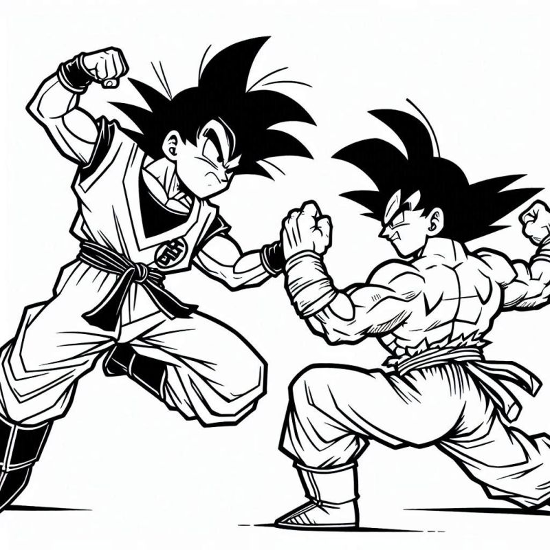 Desenho de heróis de Dragon Ball prontos para batalha, ideal para colorir