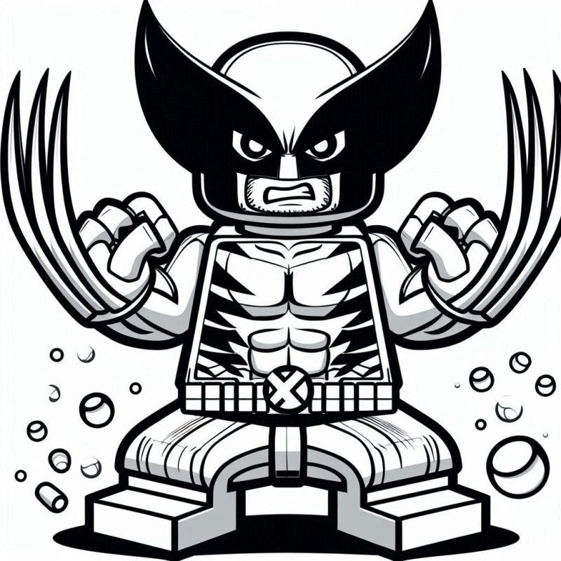 Desenho do Wolverine em versão LEGO para colorir, com garras e uniforme de super-herói